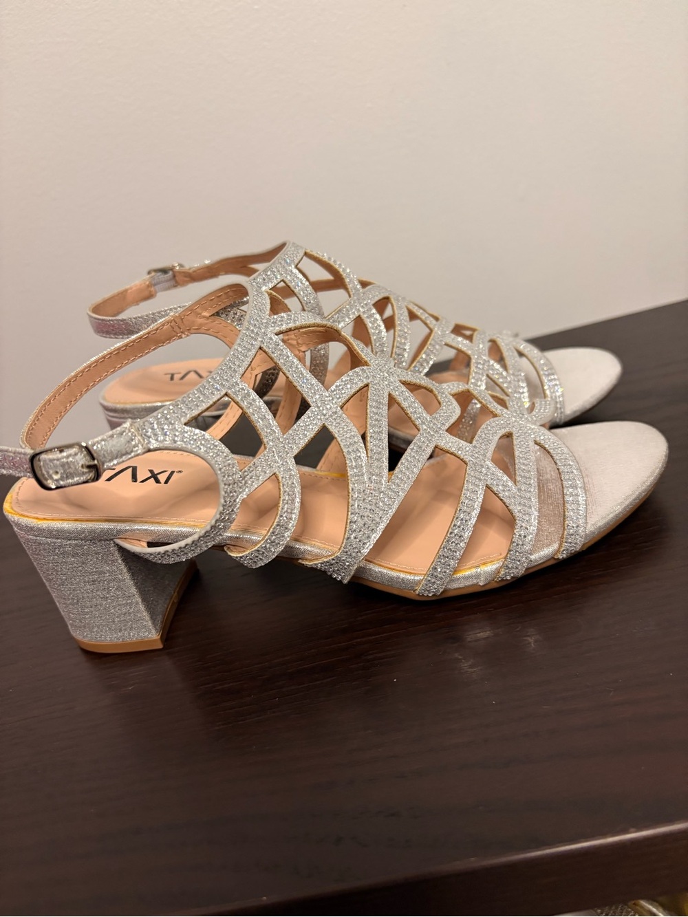 Silver Glitter Strappy Block Heel Sandals